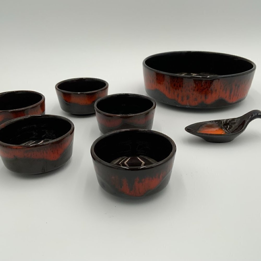 Vtg Chinese Serving Bowl Orange & Brown Drip Glaze & Set/5 Rice Bowls w/ Spoon